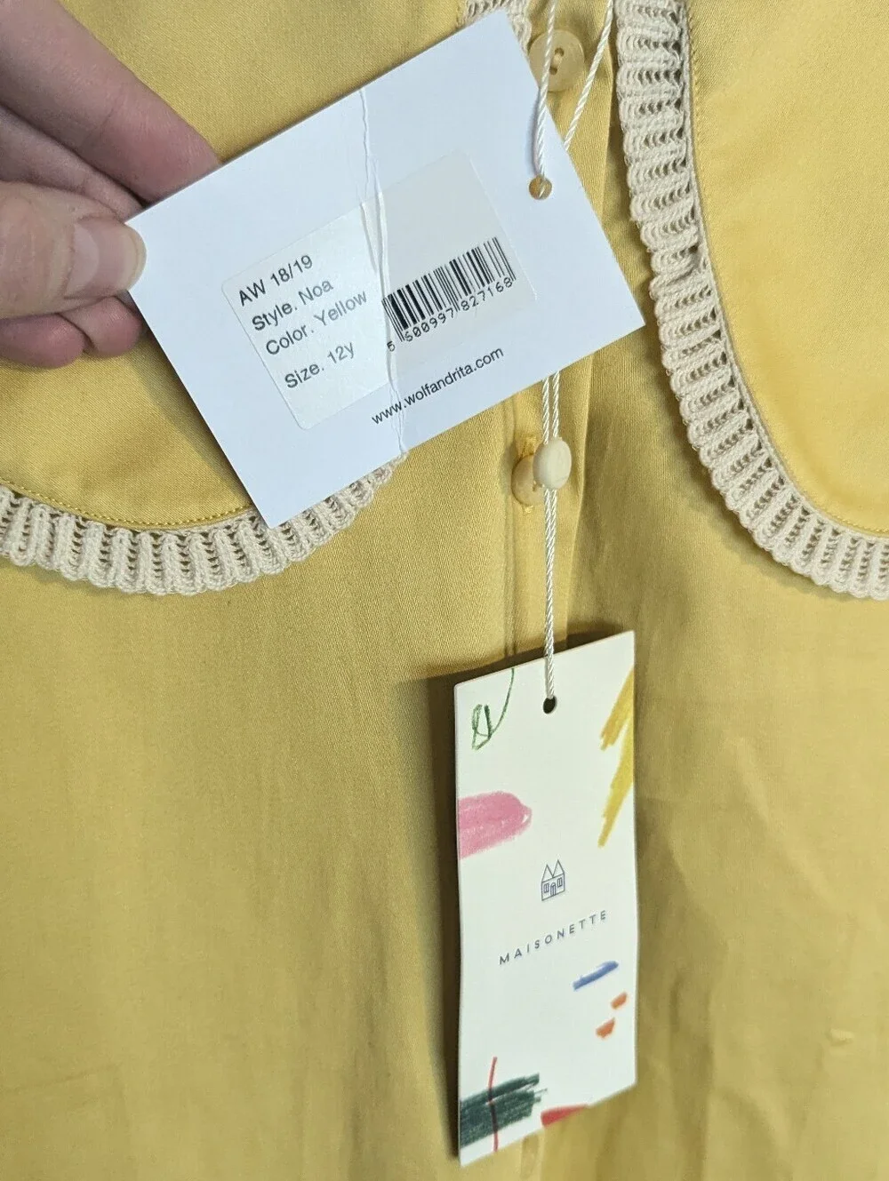 Wolf & Rita Noa Peter Pan Collar Crochet Trim Long Sleeve Top - Yellow sz 12